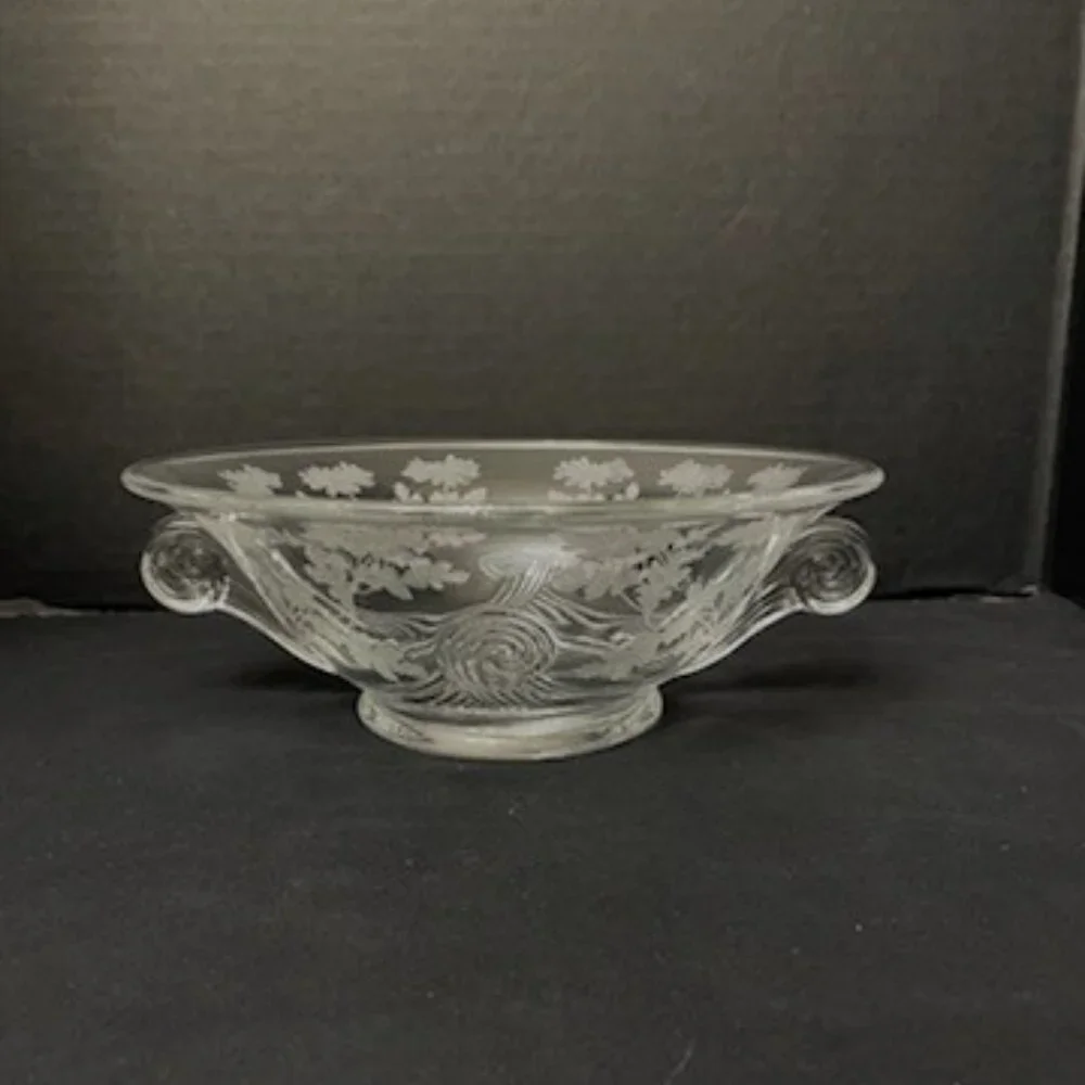 Vtg Etched Glass Bowl Floral Flowers Scrolled‎ Handles 9